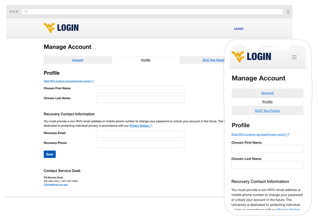 An online name change form as shown on a laptop and mobile browser.